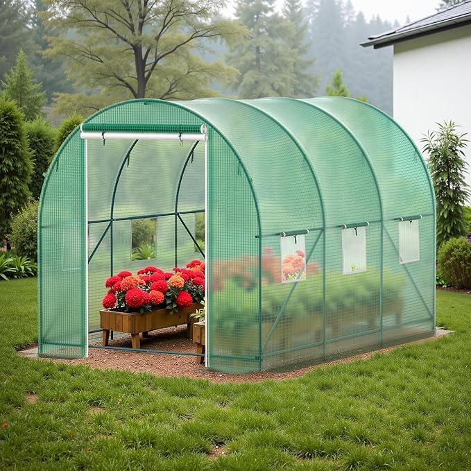 10x7x7 FT Walk-in Greenhouse for Outdoors for Winter Plant Protection,6-Ventilated Screen Window Portable Greenhouse W/ 2-Zipper Door,PE Cover & Heavy Duty Frame