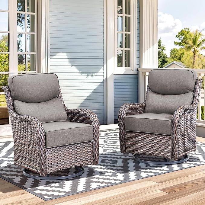 Luxury High Back Outdoor Swivel Rocker Patio Chairs with Side Table & 6-Inch Thick Cushions, 2 Pieces Patio Furniture Set for Porch, Balcony, Deck and Yard