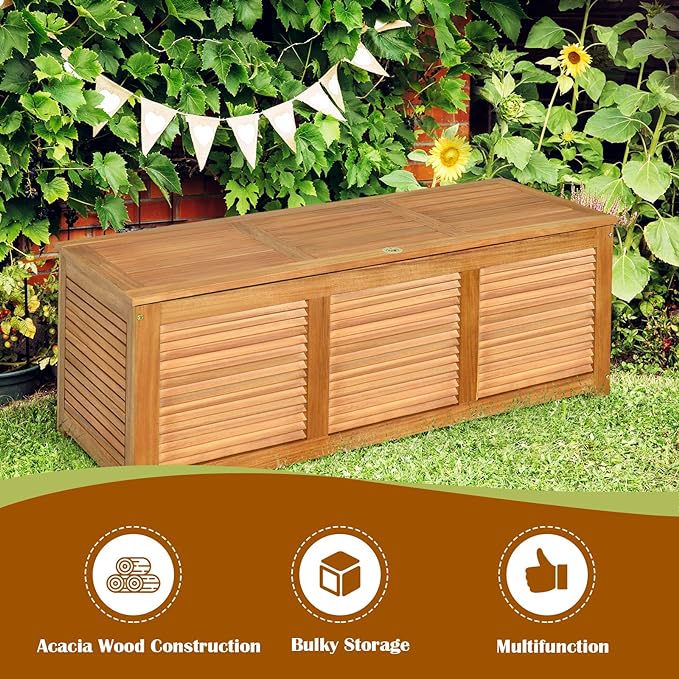 Tangkula 46 Gallon Acacia Wood Deck Box, Garden Backyard Storage Bench, Outdoor Storage Container for Patio Furniture Cushions and Gardening Tools (Natural)