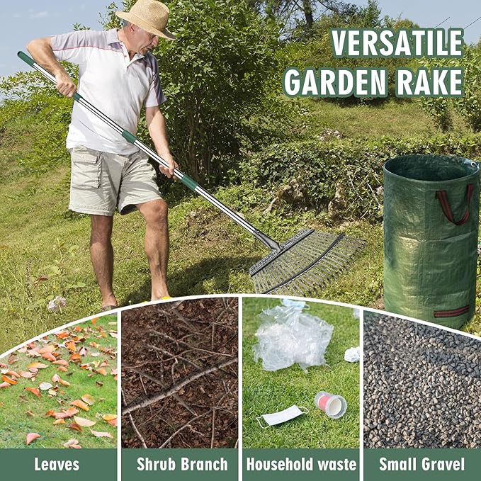 65" Rake,25-Tine Heavy Duty Garden Rake with Leaf Scoops & Bag - Non-Slip Fixed Handle Metal Rastrillo para Jardin for Lawn, Yard, Shrubs, Leaves, Debris