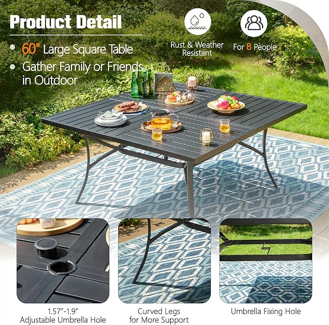 Sophia & William 9 Pieces Patio Dining Set for 8, All Weather Square Metal Patio Table and Wicker Chairs Set, Large Outdoor Dining Set for Outside, Black Tabletop