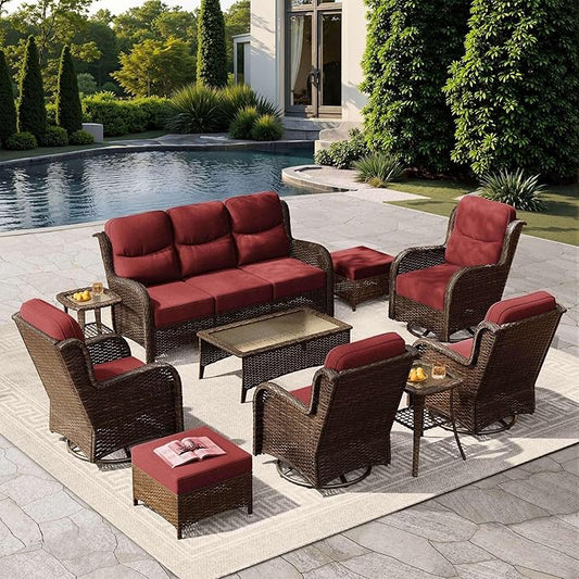 HILLGA Luxury Patio Furniture Set with 6-Inch Thick Cushions, High Back Outdoor Swivel Rocker Chairs and Patio Couch, 10-Piece All Weather Conversation Set for Porch Deck Pool Yard, Burgundy (V3)
