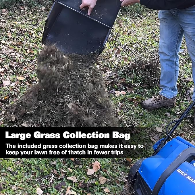BILT HARD 16 Inch Dethatcher Scarifier Electric Powered, 15 Amp Copper Motor, 5-Position Depth Adjustment, 14.5 gal Thatch Bag, 2 in 1 Walk Behind Thatch Removing Machine for Lawn