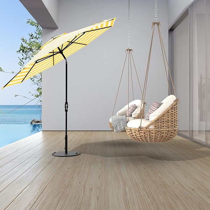 Midtown Umbrellas The Swilt 8 Feet Patio Umbrella in Terylast Sunny Stripes (White/Yellow) Polyester Fabric - Fiberglass Ribs, Auto-Tilt Aluminum Frame For Backyard, Deck, Garden, Pool - White Pole