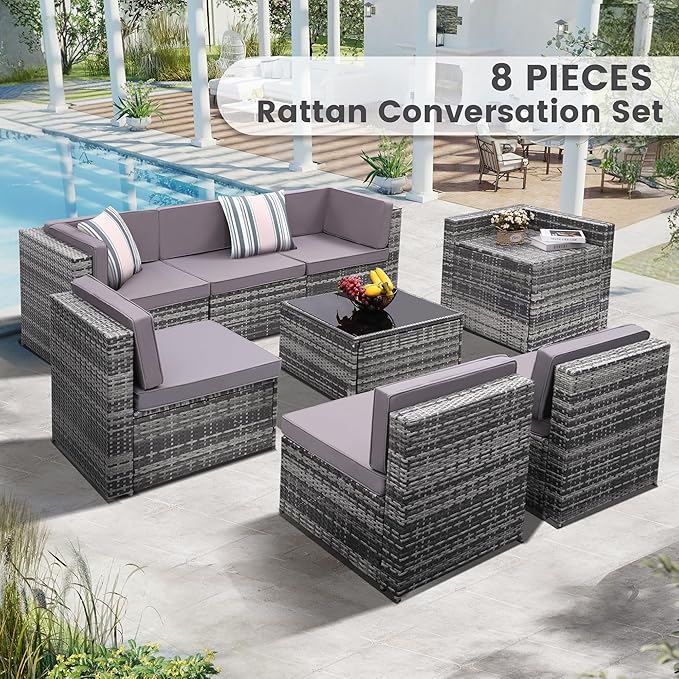 8 Pieces Outdoor Wicker Rattan Patio Furniture Sectional Set, Glass Top Table with Hidden Storage, 7 Sofa Sections, Oversized Cushions, Grey Color Rattan with Light Grey Cushion