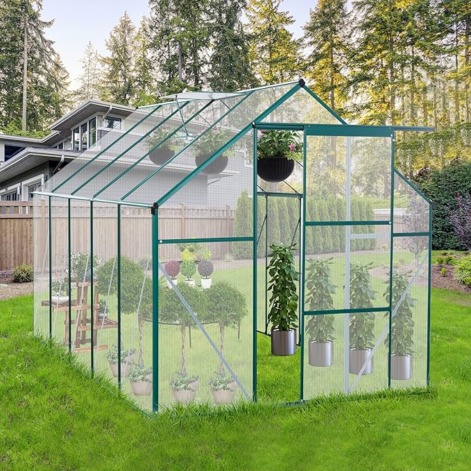 6X10 FT All Season Heavy Duty Walk-in Greenhouses, Outdoor Polycarbonate Plants Green House for Backyard Garden, Sliding Door Raised Base Anchor Aluminum, Green