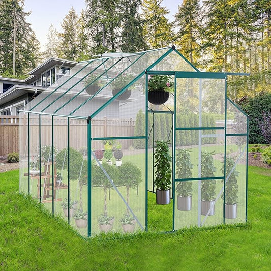 6X10 FT All Season Heavy Duty Walk-in Greenhouses, Outdoor Polycarbonate Plants Green House for Backyard Garden, Sliding Door Raised Base Anchor Aluminum, Green