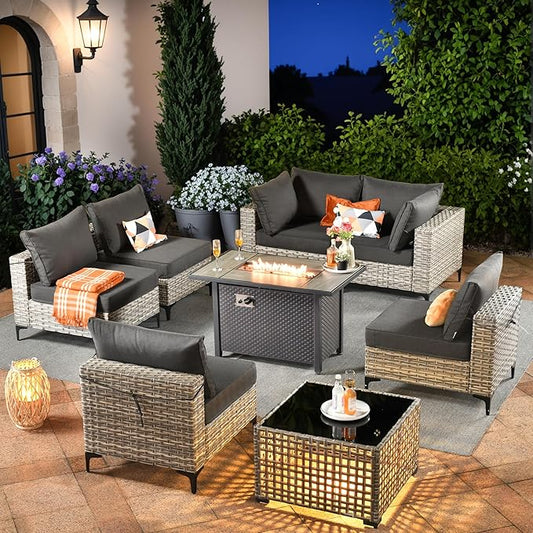 Outdoor Sectional Patio Furniture Set with Fire Pit Table and Glowing Table,8 Pieces Wicker Conversation Sets L Shaped Couch Out Door Sofa Set Outside Furniture for Garden Deck Yard,Black