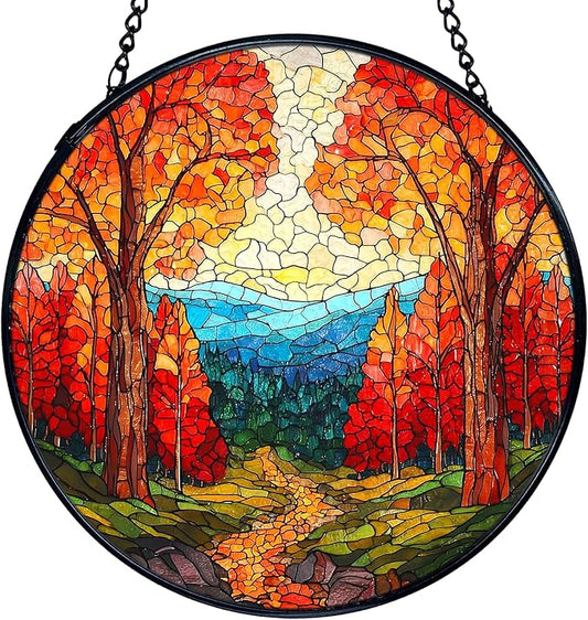 TNUW Fall Forest Stained Glass Window Hanging, Rustic Autumn Landscape Sun Catchers Indoor Window Glass Round Wall Art Decor, Fall Autumn Wall Hanging Decorations, 7.9＂x7.9＂