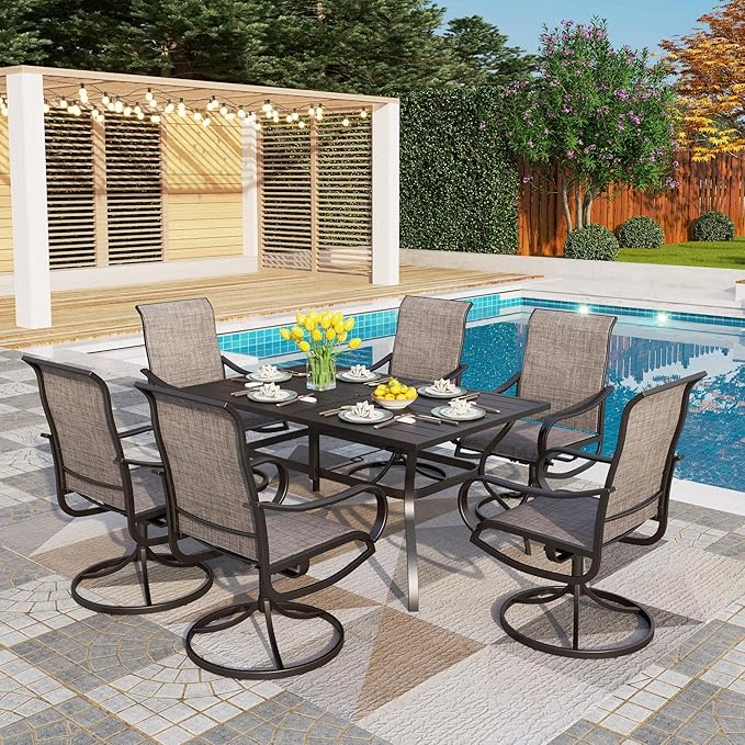 PHI VILLA 7 PCS Patio Dining Set, Rectangle Metal Table with 1.57" Umbrella Hole and 6 High Back Textilene Swivel Chairs, Suitable for All Weather