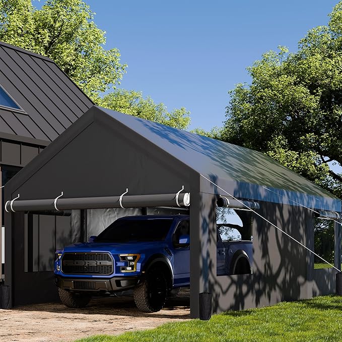 JAMFLY Carport, 12x20 ft Heavy Duty Carport with Roll-up Windows, Portable Garage with Removable Sidewalls & Doors, Car Canopy with Sandbags and All-Season Tarp for Car Boat Truck Motorcycle, Grey