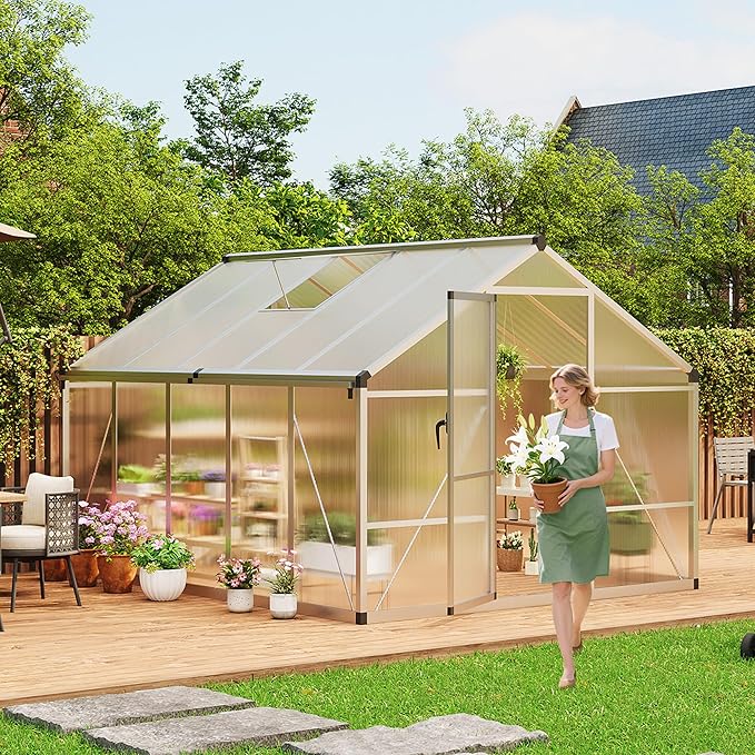 8x10 FT Greenhouse for Outdoors, Polycarbonate Flower Greenhouse with Roof Vent, Push-Pull Lockable Door, Aluminum Walk-in Greenhouses for Outside Garden Backyard, Patio, Lawn, Silver