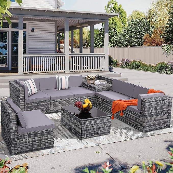 8 Pieces Outdoor Wicker Rattan Patio Furniture Sectional Set, Glass Top Table with Hidden Storage, 7 Sofa Sections, Oversized Cushions, Grey Color Rattan with Light Grey Cushion