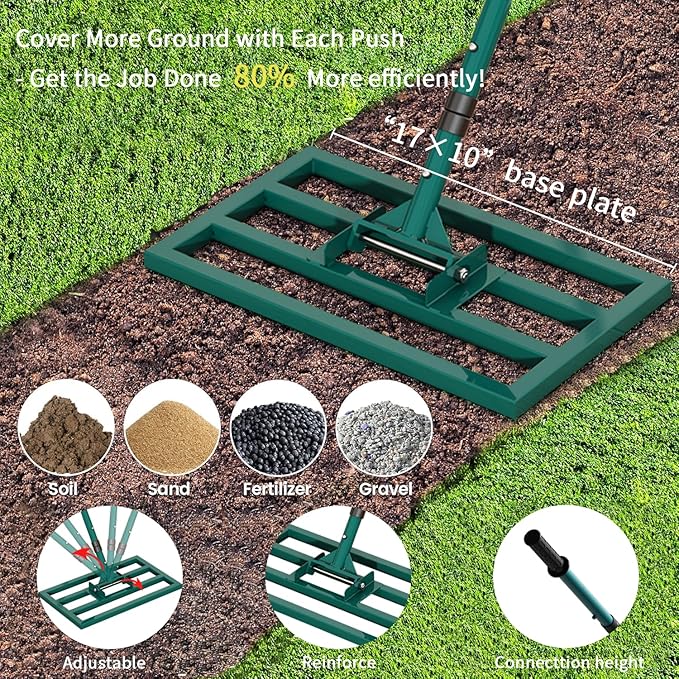 Lawn Leveling Rake Stainless Steel Leveling Rake 17”x10” Reinforced Welds with 64” Adjustable Long Handle Leveler Tool for Soil, Ground,Backyard Dressing,Golf Field,Garden Tools Grass Seed