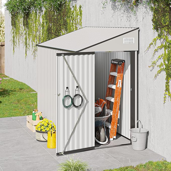 4×8 FT Outdoor Metal Storage Shed,Heavy-Duty Lean to Storage Shed with Lockable Single Side Hinge Door,Waterproof Metal Storage Tool House W/Sloping Roof,Air Vent&Protect Film,for Backyard,White