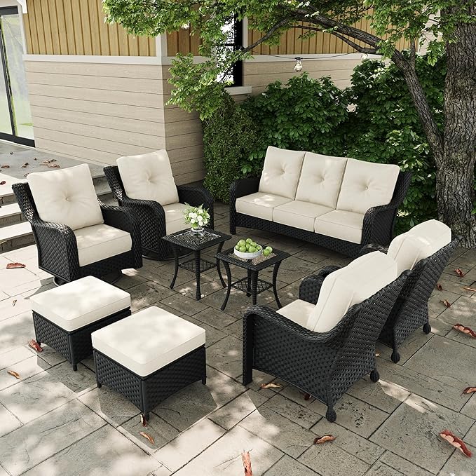 9 Pieces Outdoor Patio Furniture Sets with Rocking Swivel Chairs with 6-inch Thick Cushion and Side Table for Deck Lawn
