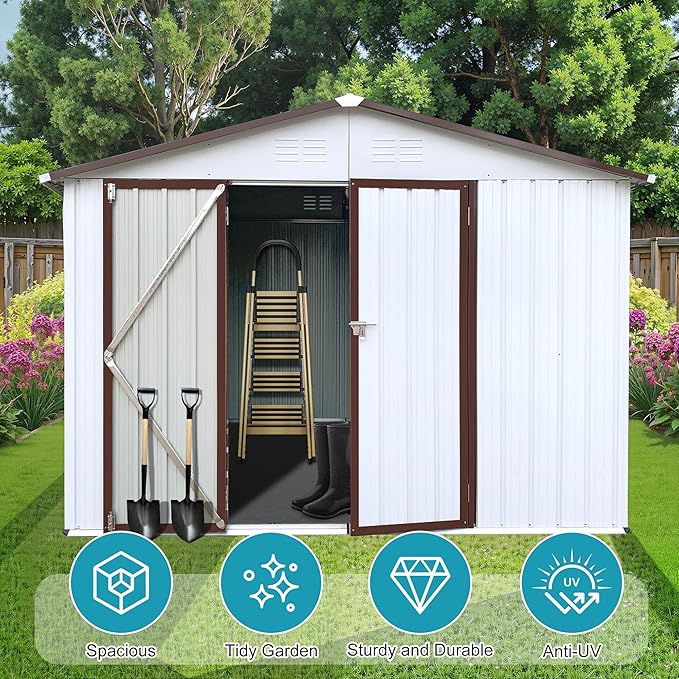 8x10 FT Outdoor Storage Shed, Metal Tool Shed with Lockable Doors, Peaked Roof & Frame Floor, Garden Shed with Vented Design for Backyard Garden Patio Lawn, White+Coffee