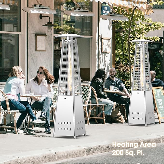 Pyramid Patio Heater 42,000 BTU, Propane Outdoor Heater with Glass Tube and Wheels, Patio Heater with Protection System, Stainless Steel, Suitable for Outdoor Commercial & Residential Use, Silver