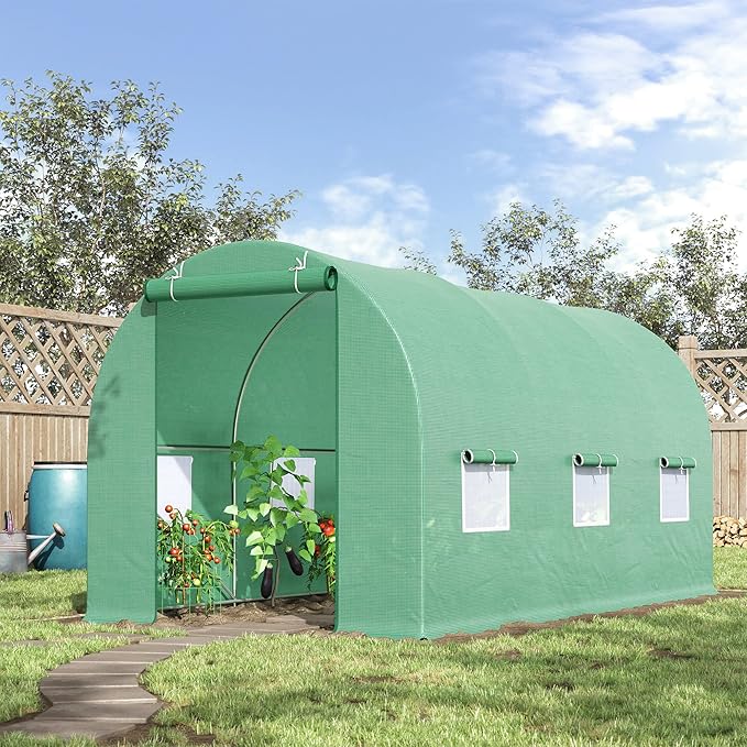 Outsunny 15' x 6' x 7' Walk-in Tunnel Greenhouse, Garden Green House with Roll-Up Door and Windows, PE Cover, Plant Growing House for Patio Backyard Garden, Green