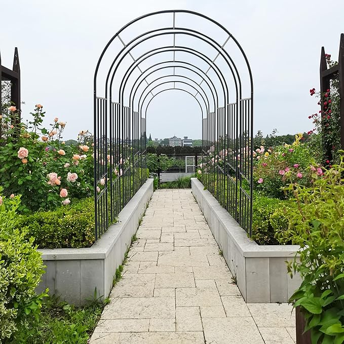 Metal Garden Arch 85.82" H Garden Arbor Trellis Climbing Plants Support Rose Lines Arch Outdoor Lawn Wedding Party Events Archway Black