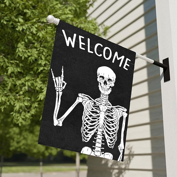 Welcome Halloween Garden Flag for Outside, 12x18 Inch Double Sided Halloween Scary Skeleton Yard Flag, Farmhouse Small Yard Flags for Outdoor Decorations, Holiday Decor Gifts-A07