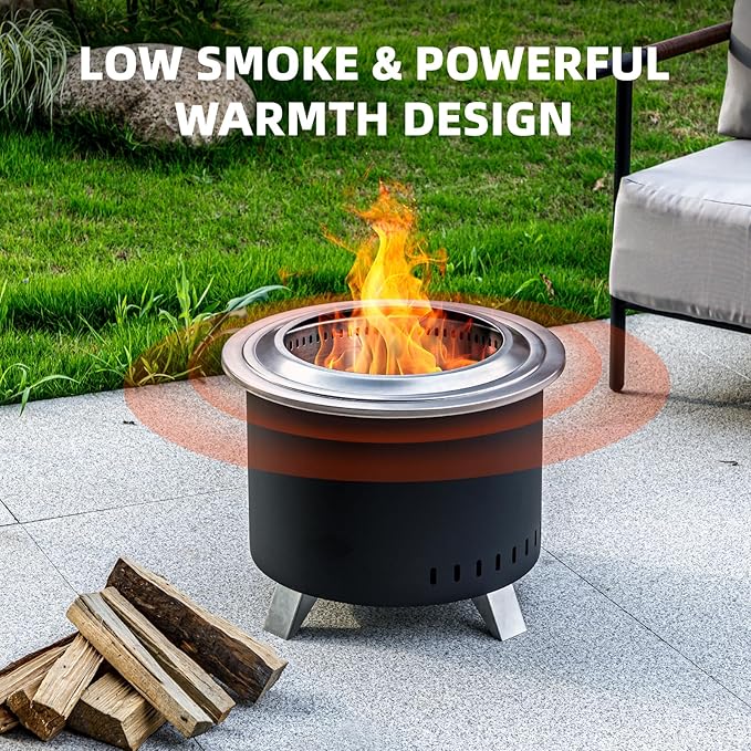 Smokeless Fire Pit,22 Inch Stainless Steel Firepit, Outdoor Wood Burning Fire Pit with Cover,Smokeless Firepits for Outside Backyard Patio Garden Camping Bonfire(Black)