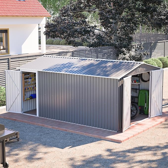 14x10 FT Outdoor Storage Shed,Metal Shed W/ 3 Lockable Doors，Floor Frame & Side Door,Garden Tool House W/ 4 Air Vents & Sloped Roof,for Backyard Patio Lawn,Light Gray