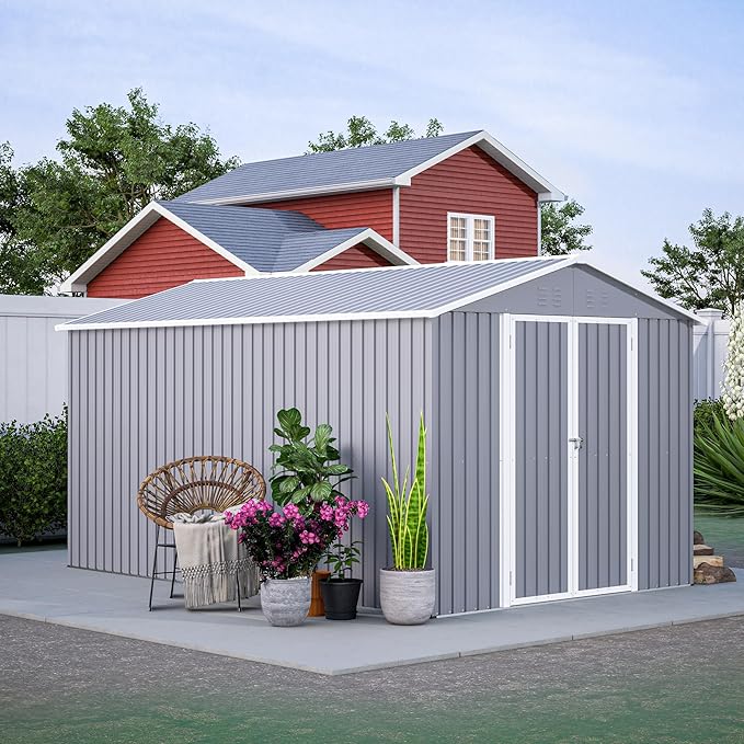 8×12 FT Storage Shed with 1 Lockable Door and Vents,Metal Aluminum Waterproof Tool Sheds,Heavy-Duty Sheds Unit W/Floor Frame,Lock & Key,Garden Shed for Storing Bicycles,Barbeques,Gray