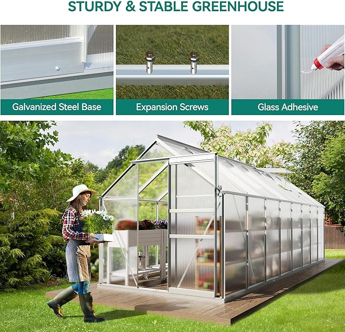 YITAHOME 16x6FT Polycarbonate Greenhouse for Outdoors, Large Heavy Duty Aluminum Greenhouses with Sliding Doors and Vent Window, Walk-in Greenhouse for Garden Backyard, Simple Setup, Silver