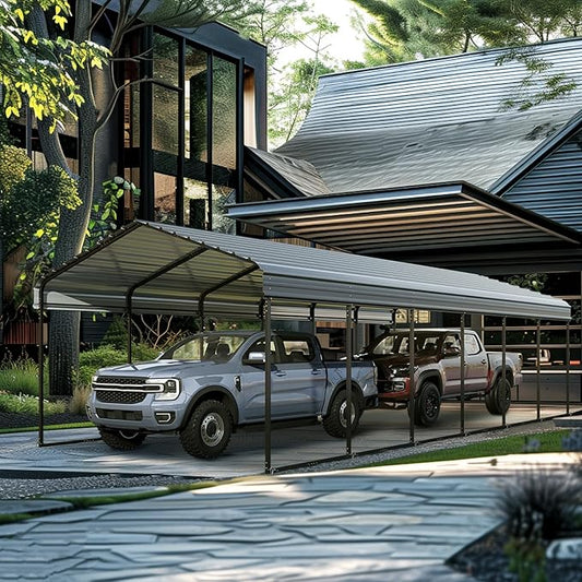 MFSTUDIO Carport 12x30 ft, Outdoor Heavy Duty Metal Shed Carports, Metal Garage Car Shelter Shade Car Port with Galvanized Roof, Frame and Bolts for 2 Cars, Truck and Boats