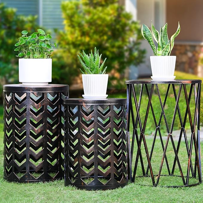 Y&M Set of 3 Heavy-Duty Round End Table, Side Table, Coffee Table for Indoor Multifunctional Use, Outdoor Decorative Garden Stool Plant Stand-Retro Black with Bronze (Ship from US)