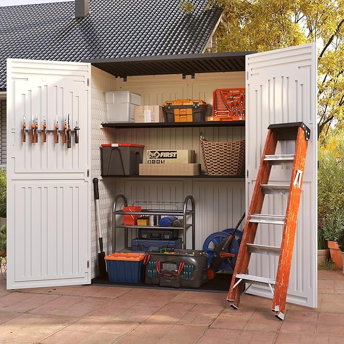 Vertical Resin Storage Shed with 2 Shelves, 60 Cuft Garden Tool Sheds & Outdoor Storage, Plastic Outdoor Storage Cabinet Waterproof, 4.5 x 2.3 ft Backyard Outside Lawn Mower Storage Shed, White