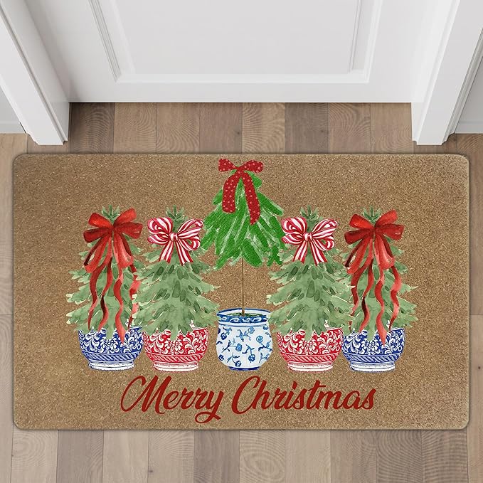 Red White and Blue Chinoiserie Faux Christmas Coir Door Mats Outdoor, Merry Christmas Door Mat for Outside Entryway, Xmas Tree Welcome Doormat for Indoor Outdoor Porch Entrance, 17x30 Inch