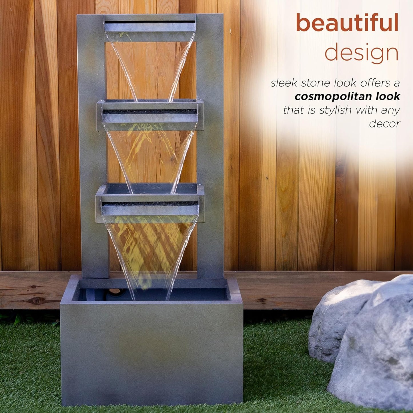 Alpine Corporation CPS182 Outdoor Metal Multitiered Waterfall Floor Fountain Industrial Style Water Feature for Garden, Patio, Yard, Backyard, Relaxing Water Flow, and Serene Landscaping, Gray