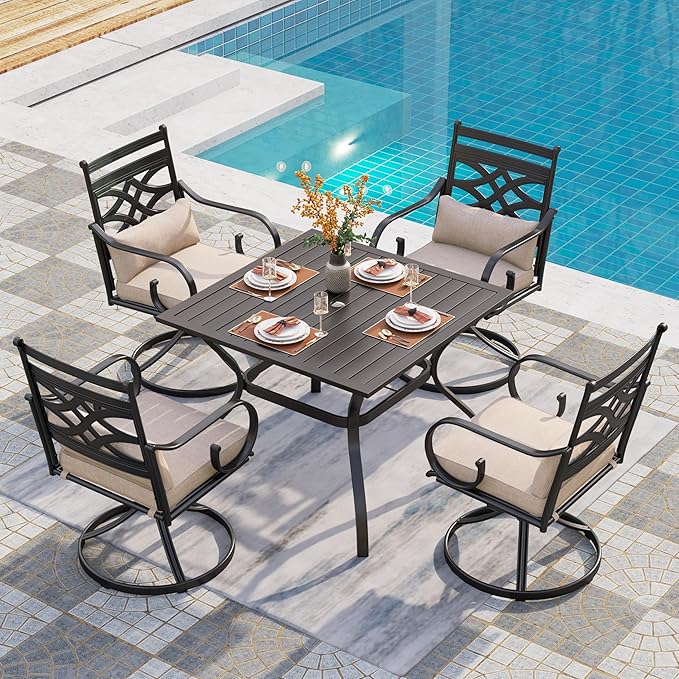 PHI VILLA 5 Pcs Patio Dining Sets,Outdoor Table Chair Set for 4 with Outdoor Swivel Chairs and Metal Frame Steel Square Table,Outdoor Dining Furniture with Cushion and Pillow for Garden Lawn Deck