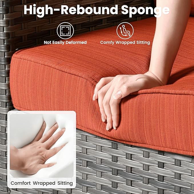 ovios 6 Pieces Patio Furniture Set, Outdoor Wicker Sofa Couch with Rocking Swivel Chairs Comfy Cushions, Modern Deep Seat Rattan Conversation Sets for Porch Deck, Orange Red