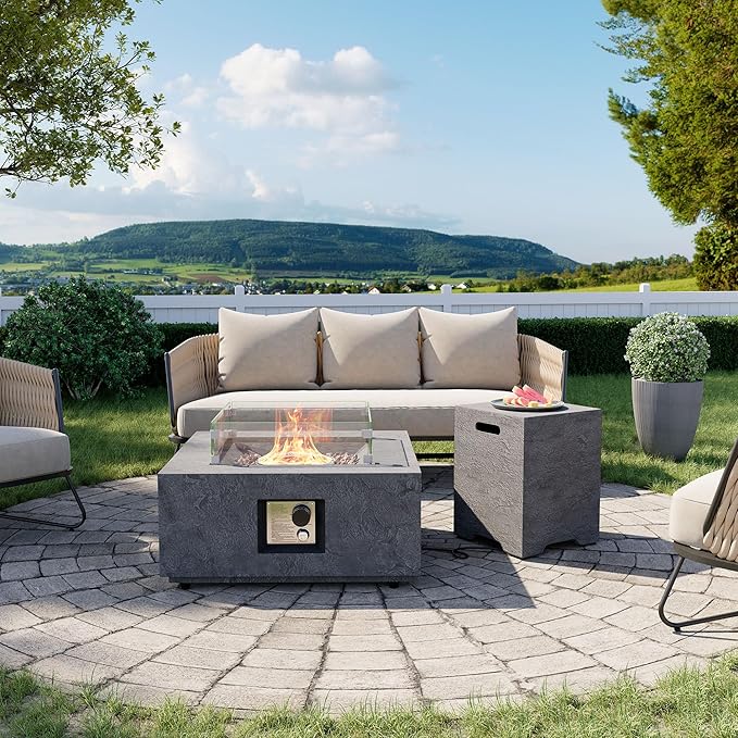 Cosiest Propane Fire Pit with Wind Guard&Tank Cover for Outside, 28 in Square Gas Fire Pits for Outdoor Patio, CSA Certified, 50000 BTU Concrete Rectangle Base with Rain Cover, Free Lava Rocks