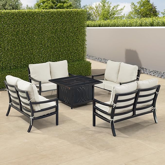 Oakland Living Black Aluminum Patio Fire Table Set with Four Deep Seating Loveseat with Cushions with Light Grey Cushions