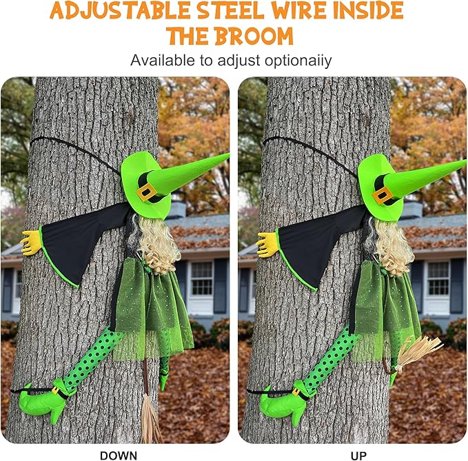 53" Halloween Crashing Witch Decoration – Green Flying Witch Tree Prop for Yard, Porch, Patio, Lawn – Funny Outdoor Halloween Decor for Garden, Fence, and Door