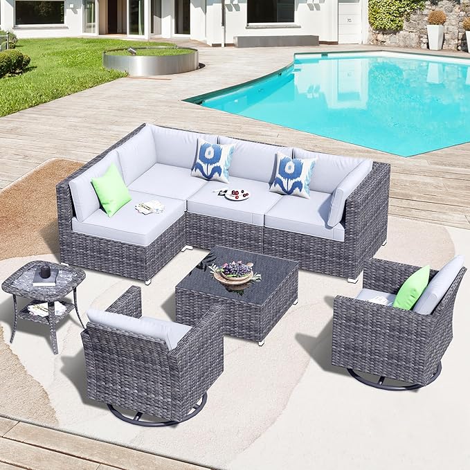 HOOOWOOO 8 Piece Patio Sectional Furniture Set with Swivel Rocking Chairs,Modern Wicker Outdoor Conversation Sofa Sets,Weather Resistant Modular L Shaped Outside Couch Set(Light Grey)