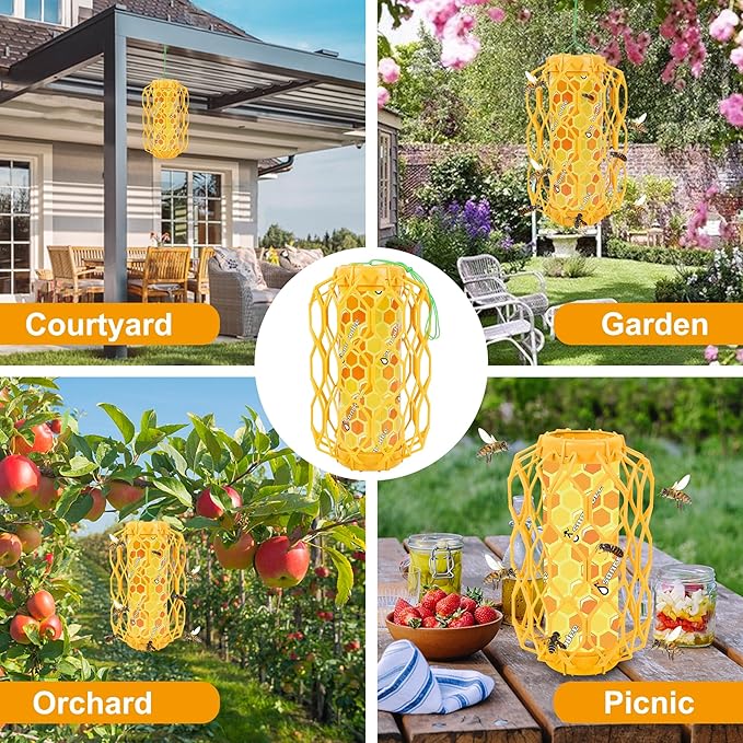 4 Pack Upgraded Wasp Trap Outdoor Hanging, Carpenter Bee and Hornet Catcher, Reusable Yellow Jacket Trap with Bait Reservoir, Bee Killer and Wasp Catcher for Outside (Orange)