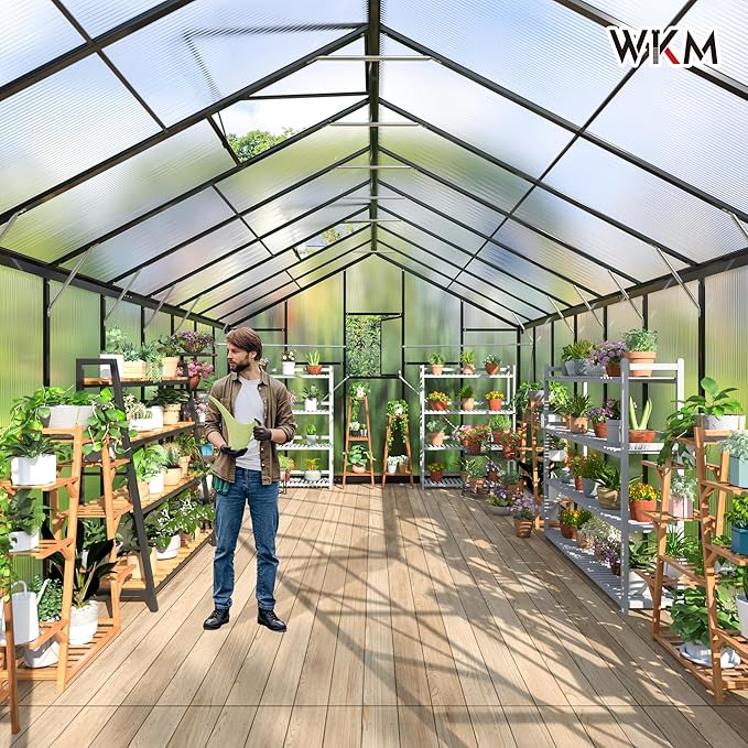 WKM 10x18 FT Greenhouse for Outdoors, Polycarbonate Greenhouse with Quick Setup Structure and Roof Vent, Enhanced Aluminum Green House for Garden Backyard, Black