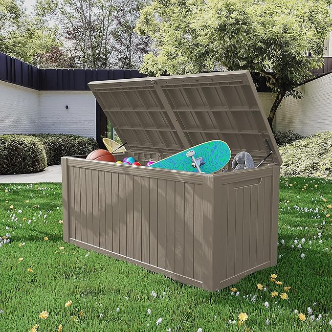 200 Gallon Waterproof Large Resin Deck Box Indoor/Outdoor Lockable Storage Container and Seating for Garden, Pool, and Patio (200 Gallon, Grey)