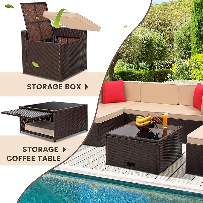 8 Pieces Outdoor Wicker Rattan Patio Furniture Sectional Set, Glass Top Table with Hidden Storage, 7 Sofa Sections, Oversized Cushions, Brown Color Rattan with Beige Cushion