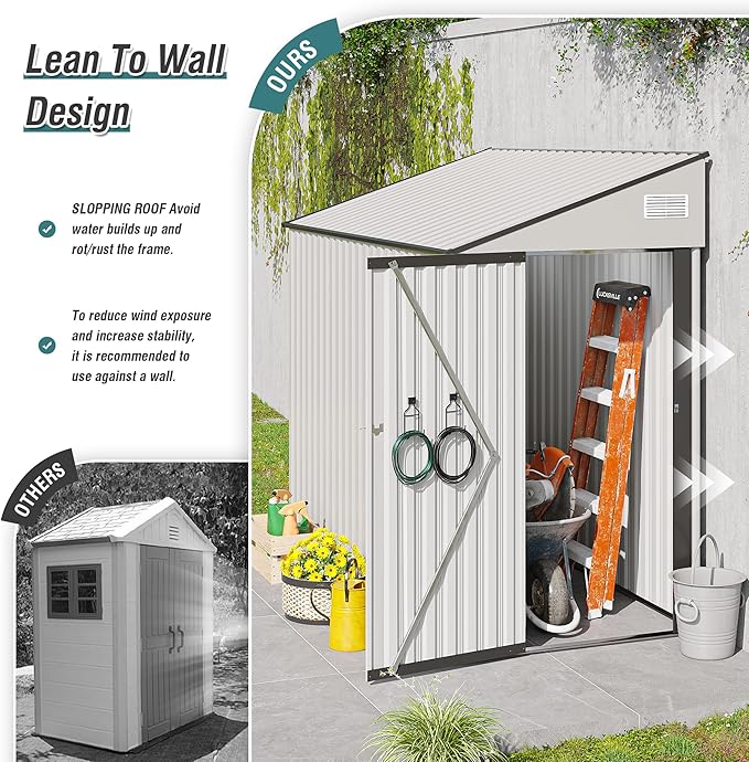 4x8 ft Lean to Shed, Outdoor Storage Shed with Lockable Door and Vents, Metal Storage Shed with 6 Vents, Outside Garden Tool Shed for Backyard, Patio, Wall Side Design (White)