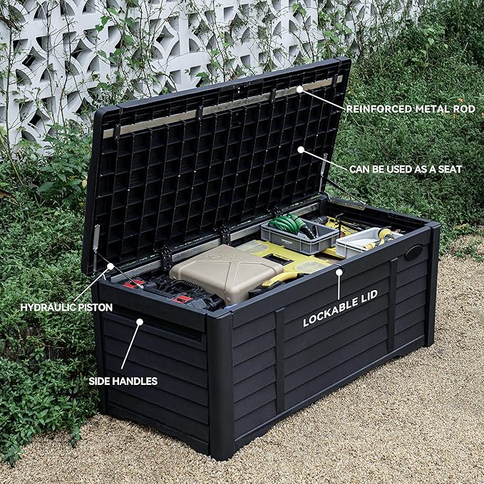 DWVO Outdoor Storage Deck Box, 120 Gallon Capacity, Waterproof Storage Bench, Lockable Lid, Resilient Resin Construction, Black
