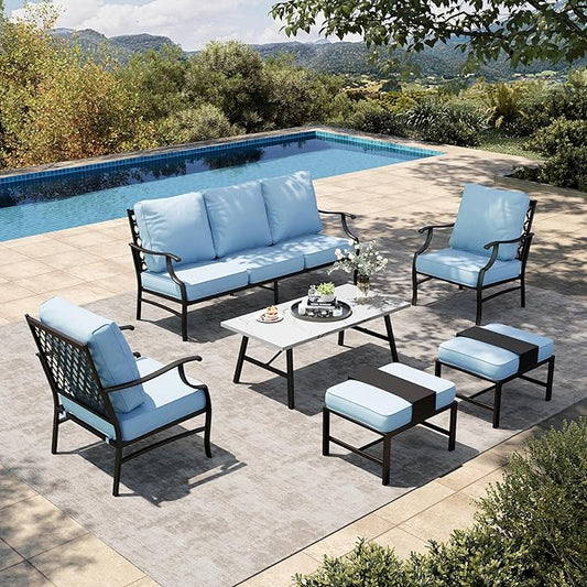 HERA'S HOUSE 6 Piece Patio Furniture Set, 2 x Metal Cushioned Chair, 2 x Cushioned Ottoman, 1 x 3-Seat Sofa with Marbling Coffee Table, Outdoor Conversation Set for Lawn Garden Backyard, Blue