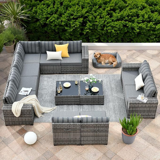 ovios 12 Pieces Patio Furniture Set, Outdoor Wicker Sectional Sofa with Glass Table Comfy Cushions, Modern Modular Deep Seat Couch Rattan Conversation Set, Dark Gray Stripe