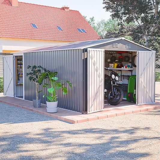 14x10 FT Outdoor Storage Shed,Metal Shed W/ 3 Lockable Doors，Floor Frame & Side Door,Garden Tool House W/ 4 Air Vents & Sloped Roof,for Backyard Patio Lawn,Light Gray