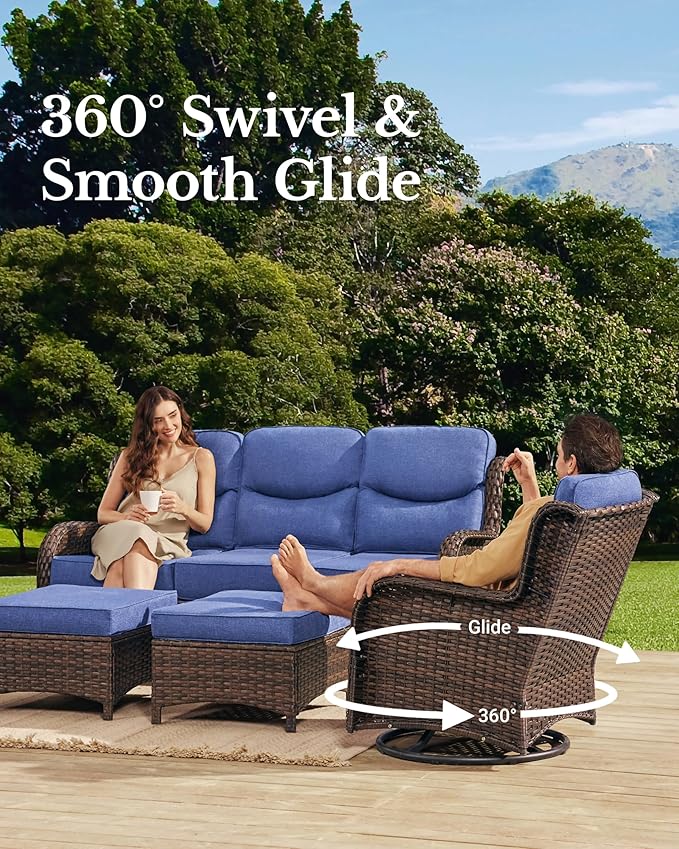 HILLGA Luxury High Back Patio Furniture Set with 6-Inch Thick Cushion, 7-Piece Outdoor Conversation Set with Sofa, Swivel Rocker Chairs & Ottomans, Ideal for Porch Pool Deck Yard (Blue)